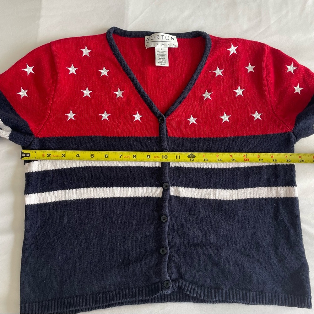 Vintage Norton Studios Red White Blue Americana V-Neck Short Sleeve Cardigan - Picture 11 of 12
